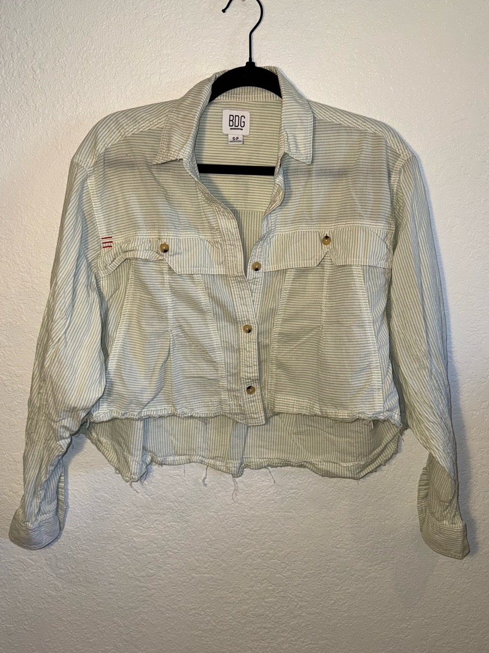 BDG 100% Cotton Green Striped Boxy Oversized Hi-Lo Long Sleeve Crop Top Small